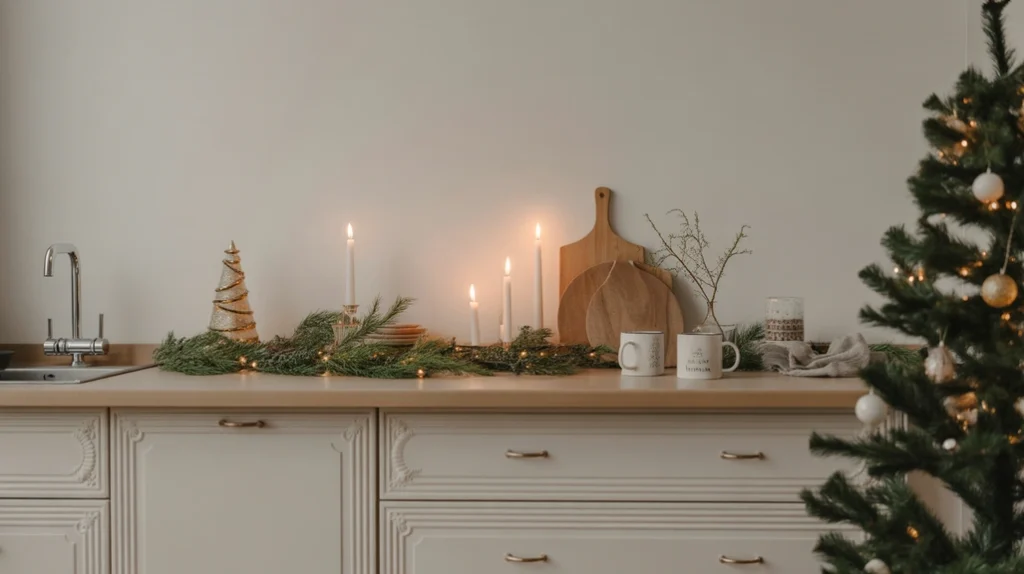 Simple and cozy Christmas kitchen counter decor ideas featuring greenery, candles, and warm holiday touches