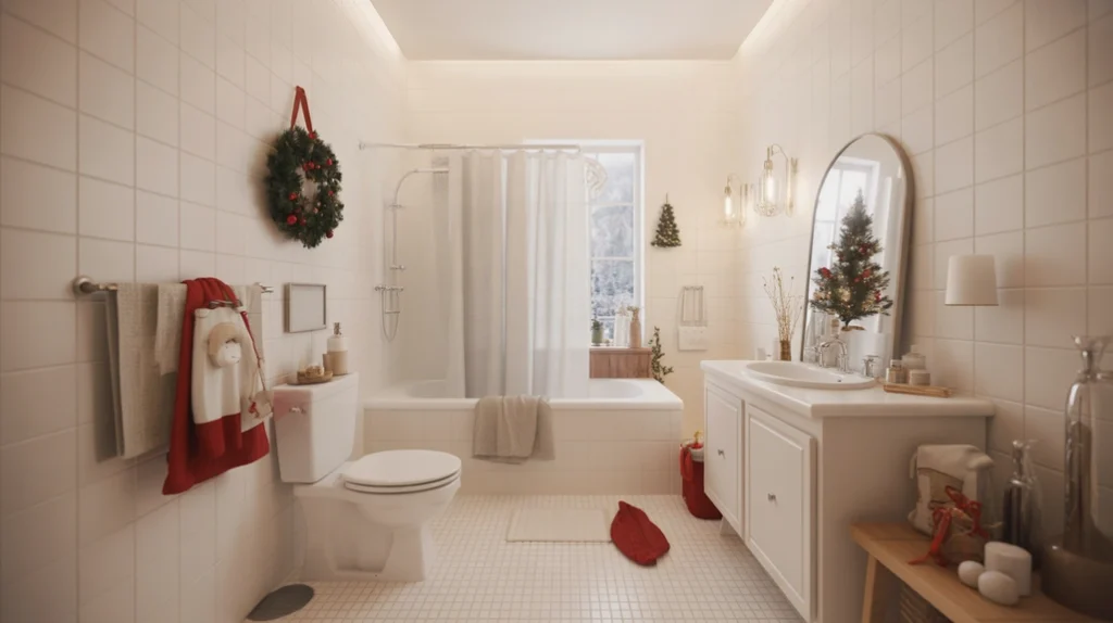“cozy bathroom decorated for the holidays with simple christmas bathroom decor ideas like soft lighting, a small wreath, and warm seasonal accents”