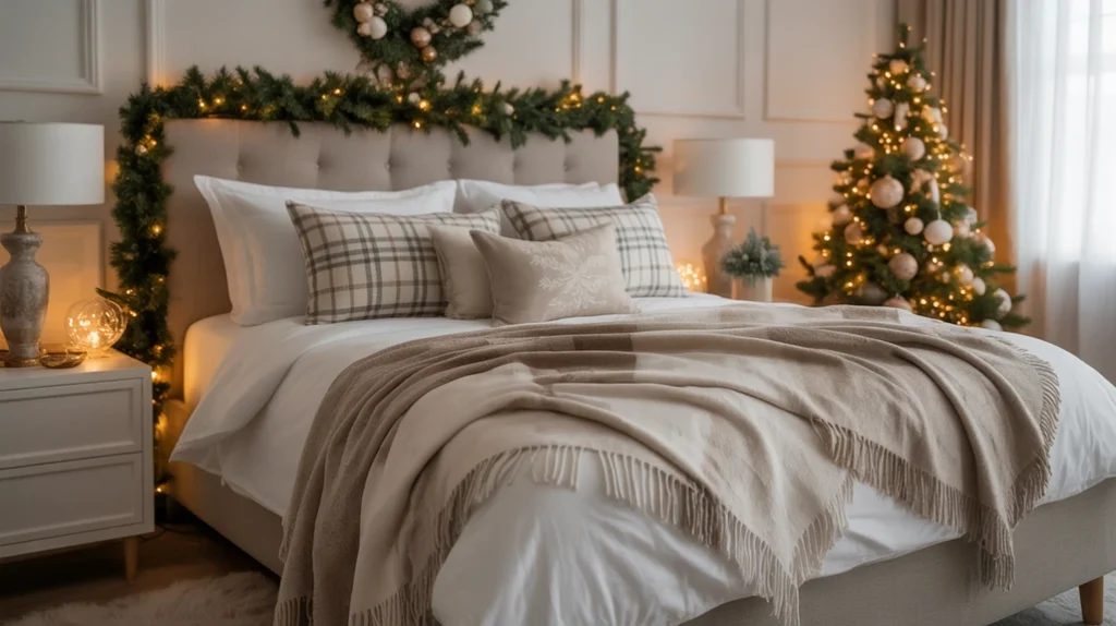 Cozy Christmas bedroom with throw pillows, layered blankets, and soft lighting for a warm festive ambiance.