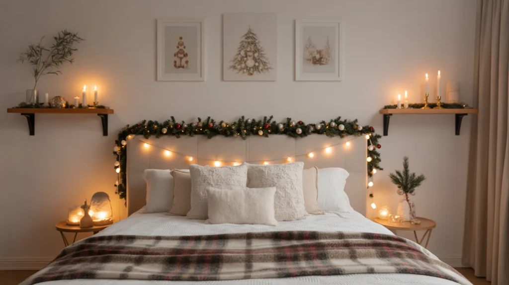 Cozy Christmas bedroom decorated with fairy lights, garlands, and candles creating warm festive wall decor vibes.