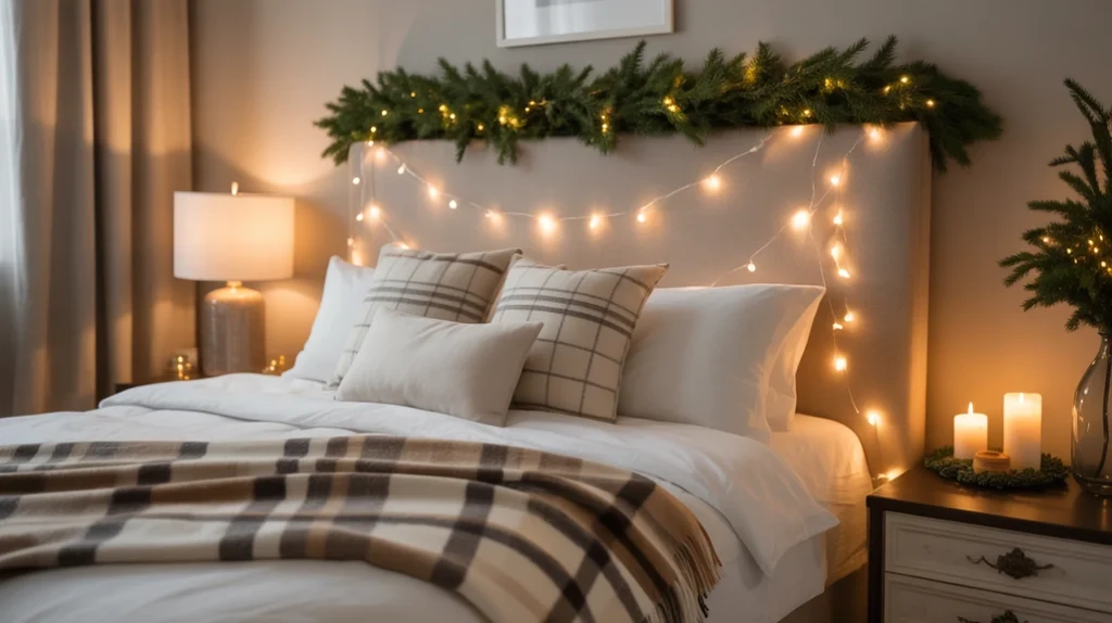 Budget-friendly Christmas bedroom decor with festive charm and warm lighting