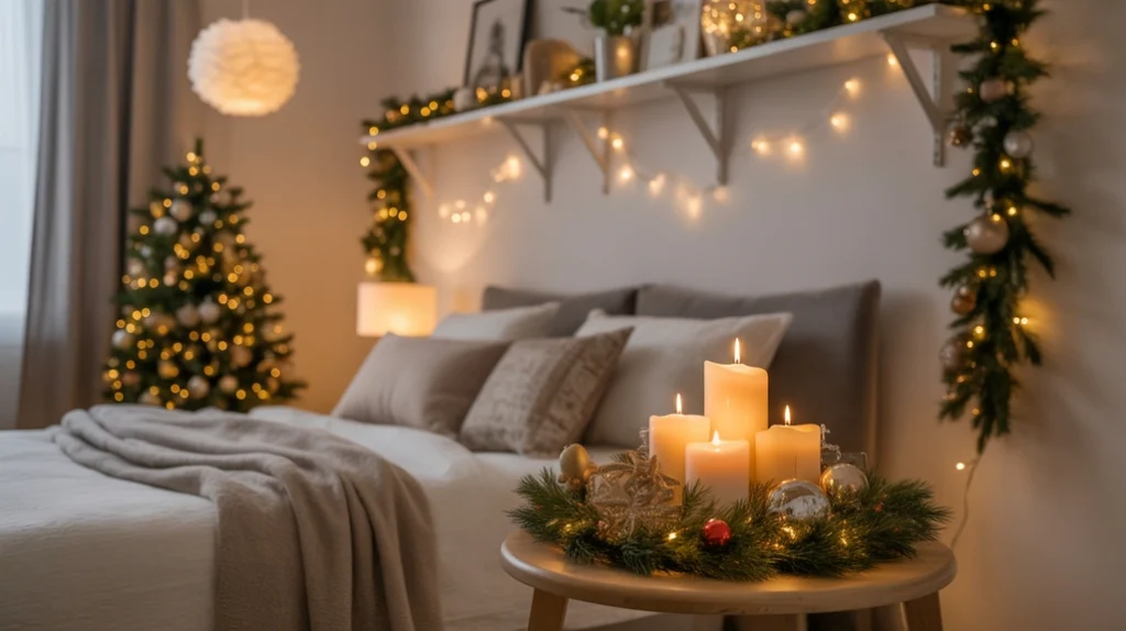 Christmas shelf decor ideas for bedrooms with fairy lights, ornaments, and warm festive lighting