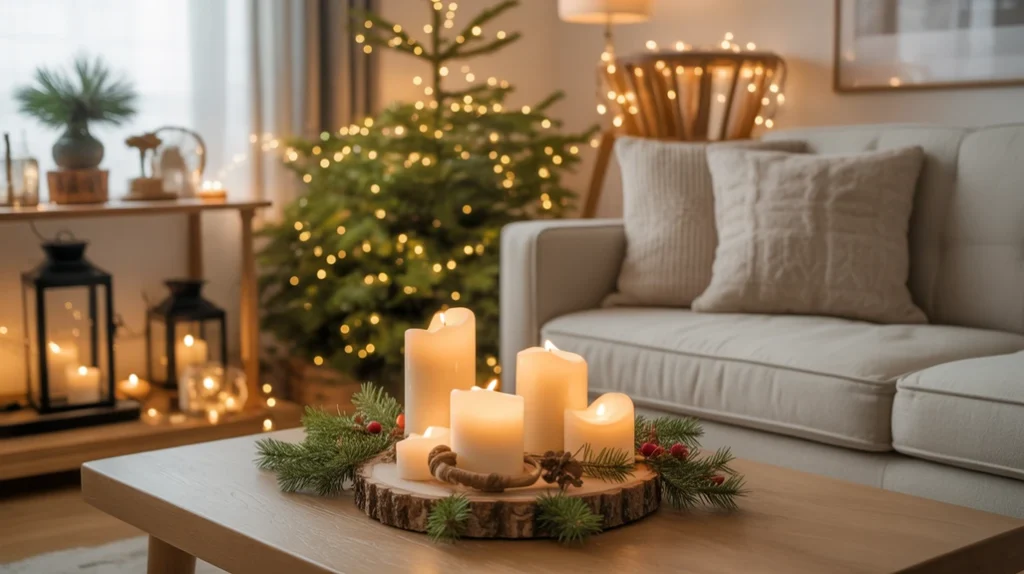 Cozy Christmas living room with candles and lanterns creating a warm festive glow and peaceful winter atmosphere.