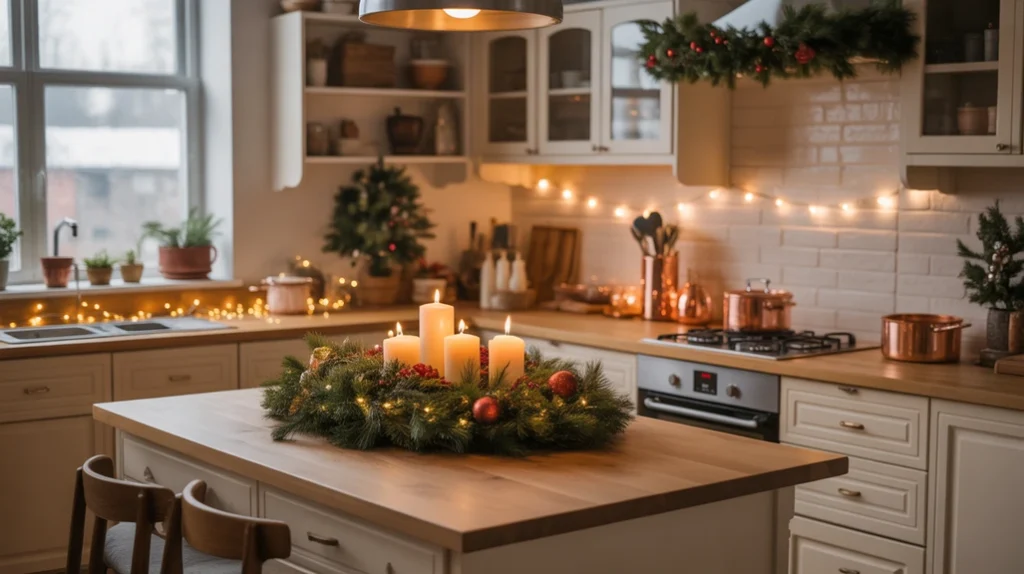 inviting cozy christmas kitchen with pine garlands, glowing lights, and rustic wood accents