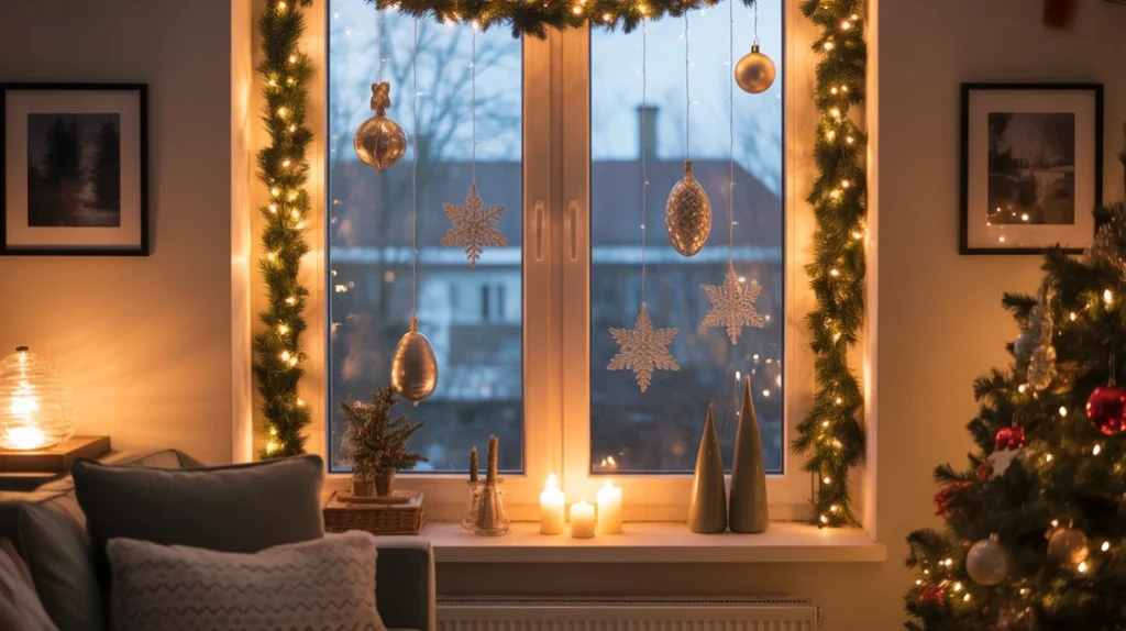 Christmas window decorated with garlands, ornaments, and glowing lights creating a cozy holiday home atmosphere.