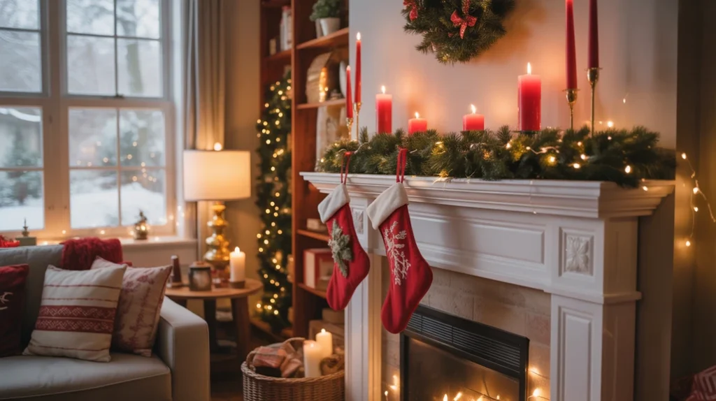 Warm and festive living room with Christmas fireplace and mantel decorations