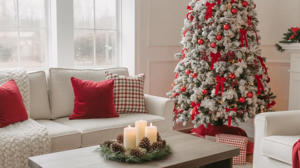Cozy red and white Christmas living room with flocked tree, red ornaments, white sofa, and cheerful holiday accents.
