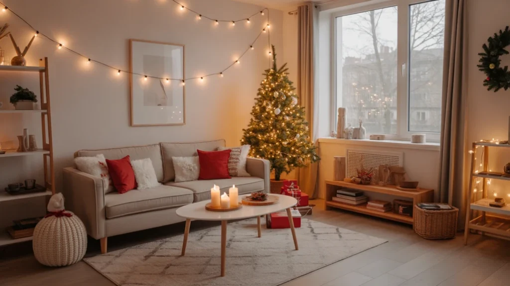 Alt: Warm cozy small apartment Christmas living room with neutral furniture, fairy lights, and elegant holiday decorations.