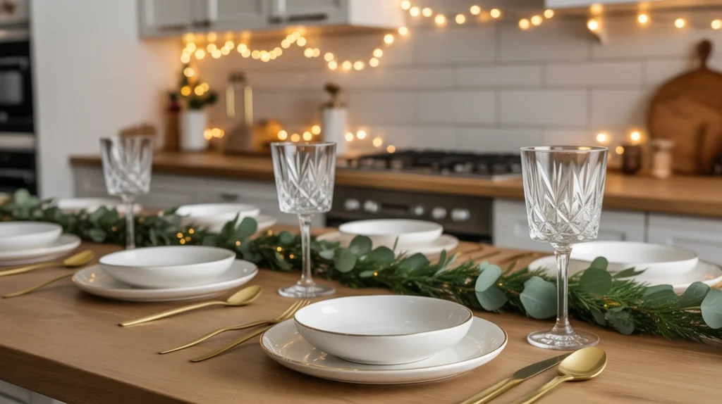 classy elegant christmas kitchen decorated with crystal glassware, eucalyptus garlands, and soft warm lighting