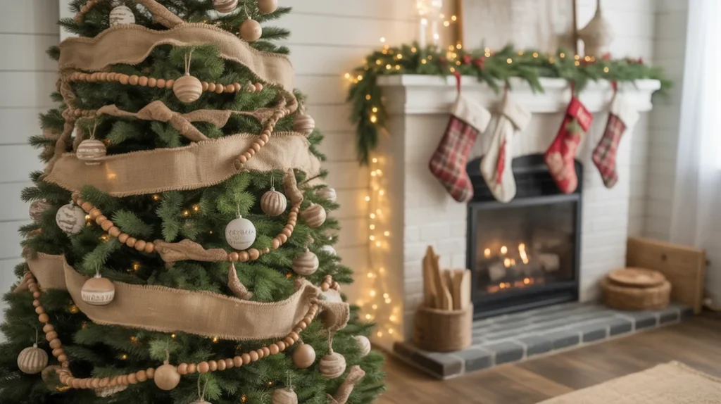 Cozy farmhouse Christmas décor with rustic tree decorations, warm white lights, wooden accents, and burlap garland for a charming holiday home.