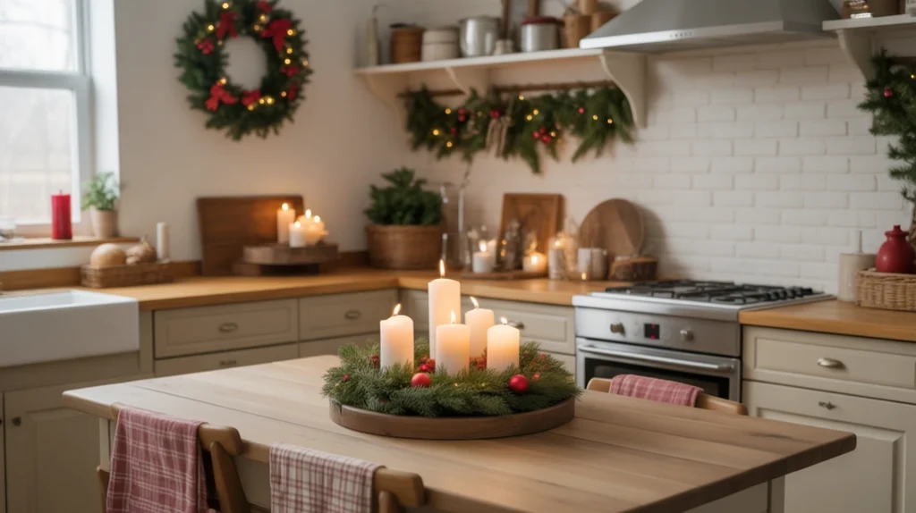 rustic farmhouse kitchen decorated for christmas with garlands, wood, and cozy lighting