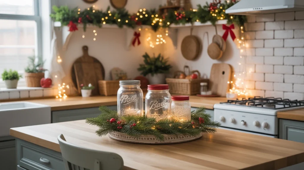 Cozy DIY Christmas kitchen decorated on a budget with simple crafts, natural greenery, and affordable holiday accents