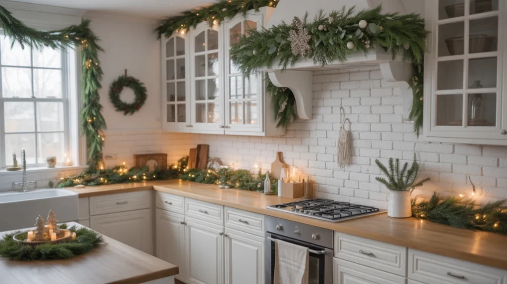 Christmas kitchen decorated with garlands and wreaths using natural greenery and winter foliage