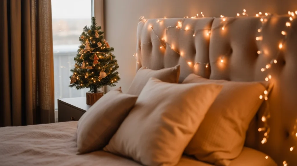 Cozy apartment bedroom decorated for Christmas with mini tree, fairy lights, and neutral bedding