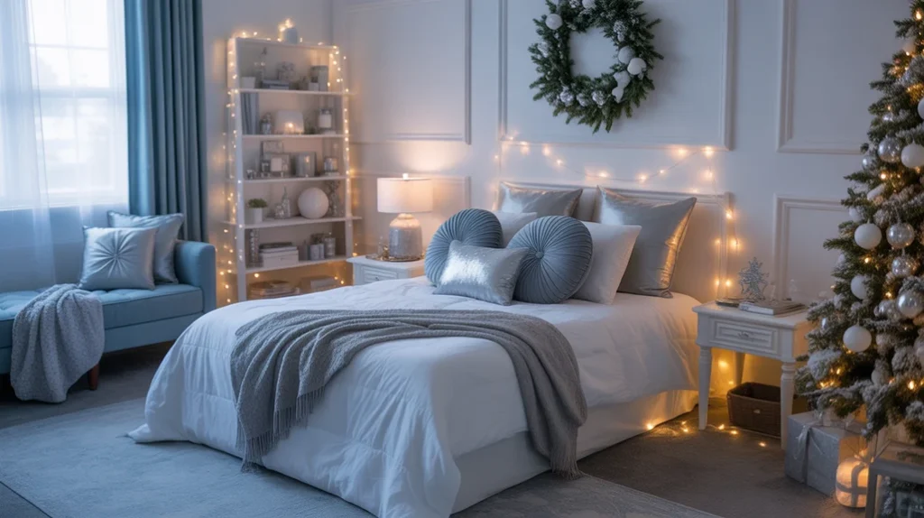 Blue and silver holiday bedroom with fairy lights, soft blue bedding, and metallic decor, creating a serene, festive atmosphere.