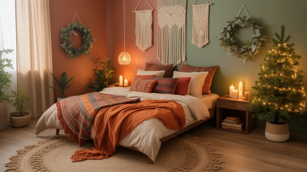 Boho Christmas bedroom ideas featuring cozy earthy tones, patterned bedding, and soft glowing lanterns