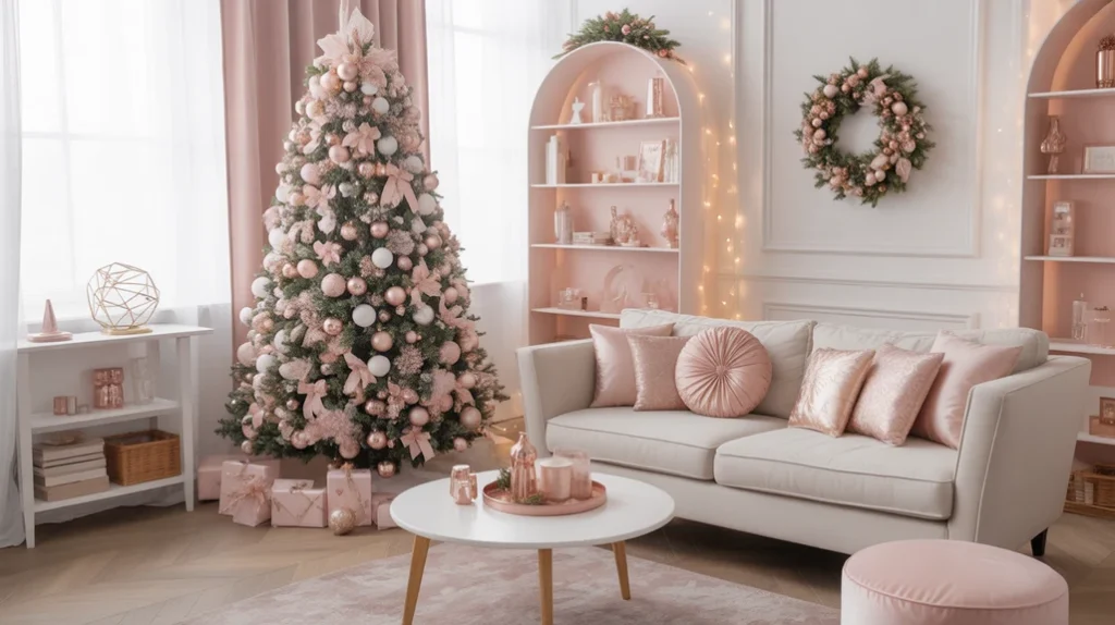Elegant rose gold Christmas living room with blush pink accents, metallic finishes, and cozy festive charm.