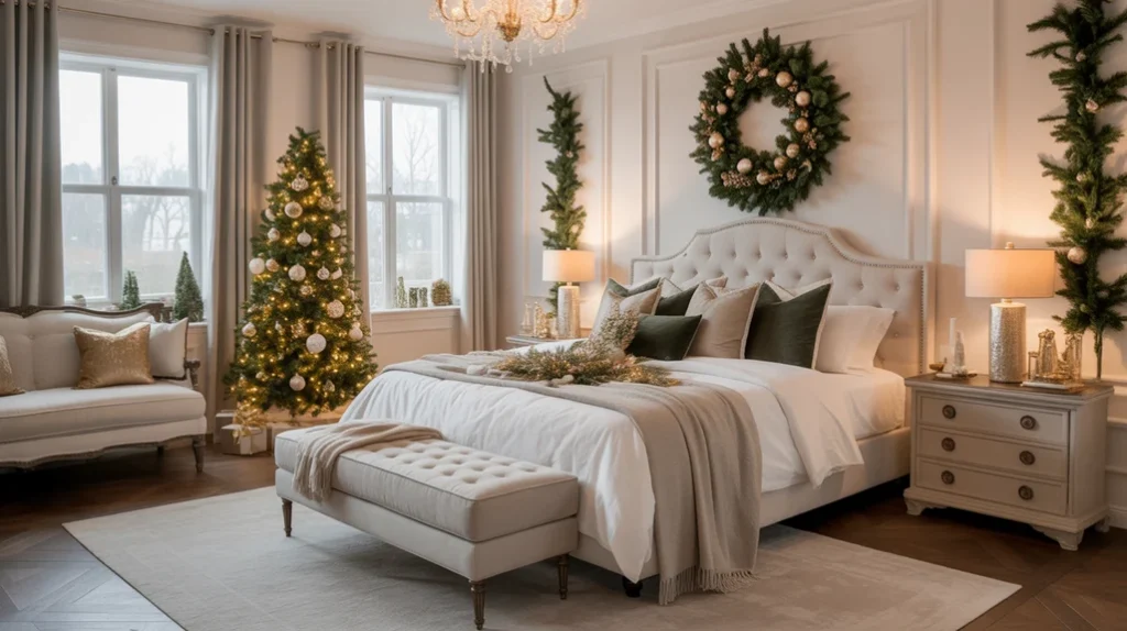 Large master bedroom decorated for Christmas with gold accents, cozy lights, and elegant holiday decor