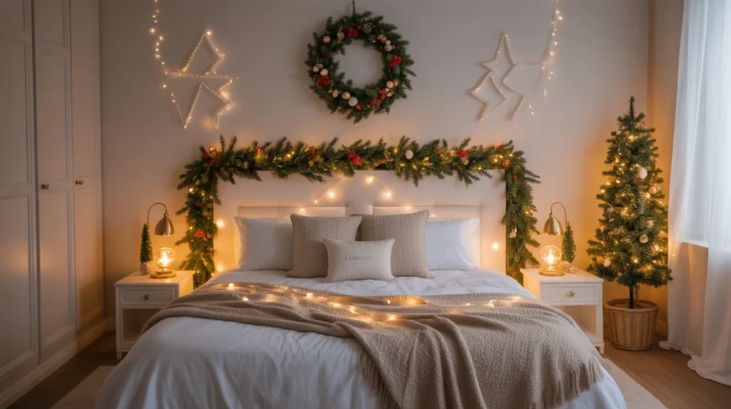 Cozy Christmas bedroom with garland and wreath decor featuring glowing fairy lights