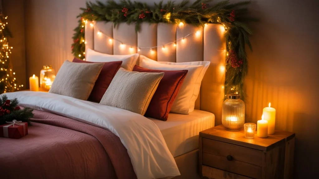 Warm Christmas bedroom with string lights and soft ambient holiday lighting