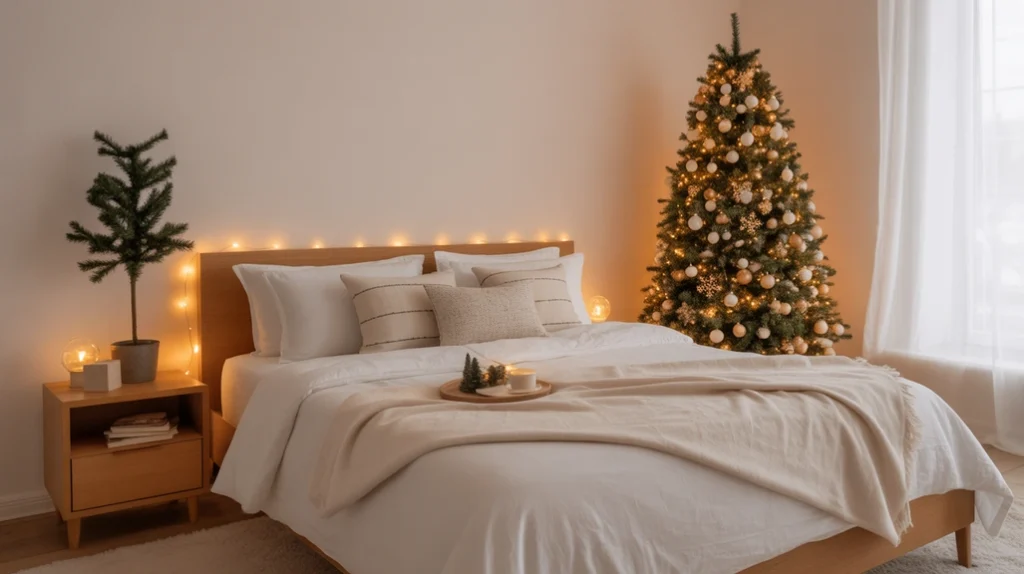 Christmas tree ideas for bedrooms with cozy holiday lighting setup
