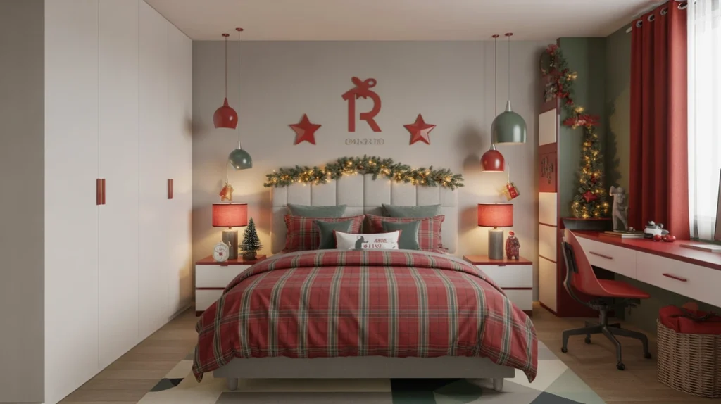 Modern Christmas bedroom ideas for boys with simple decor, string lights, and stylish festive bedding