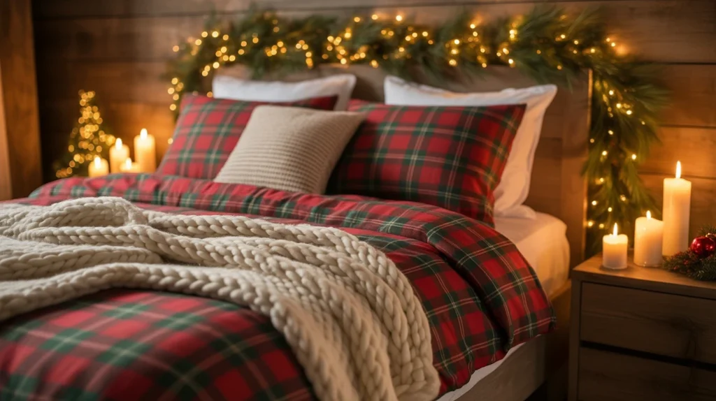 Christmas bedding ideas featuring plaid bedding, knit blankets, and warm candlelight for a cozy holiday bedroom