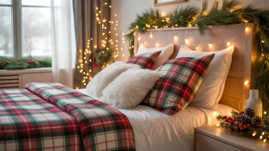 Cozy Christmas bedroom decor with twinkle lights, greenery, and layered bedding creating a warm winter sanctuary