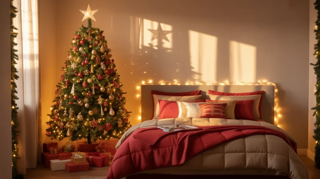 Warm guest bedroom decorated for Christmas with red bedding, fairy lights, and holiday tree