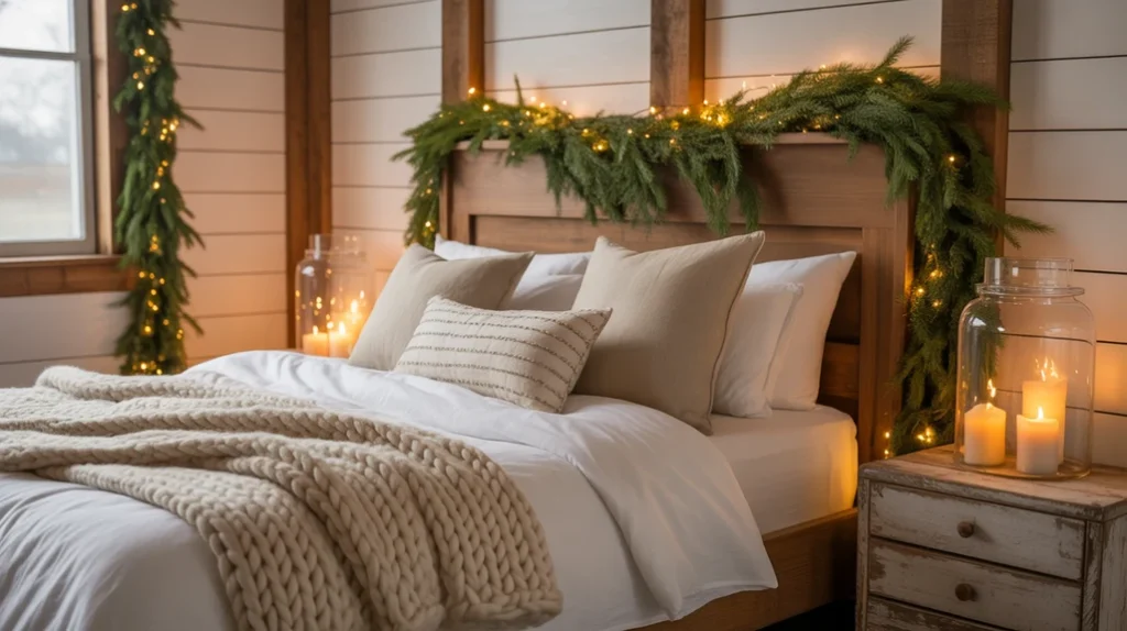 Cozy farmhouse bedroom decorated for Christmas with warm lighting, neutral bedding, and rustic country details