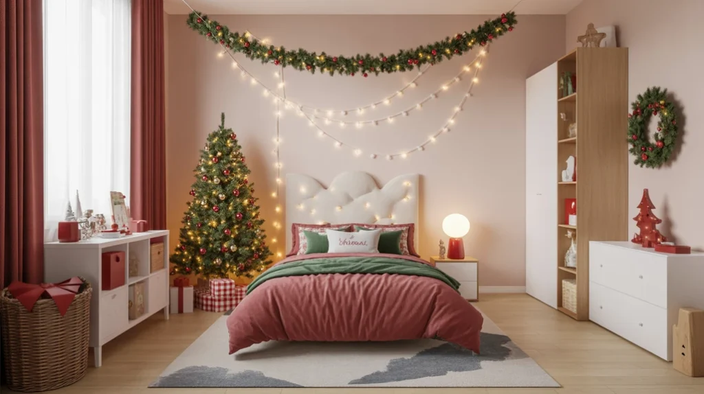 festive kids Christmas bedroom with soft lighting, garlands, and whimsical red and green holiday decor