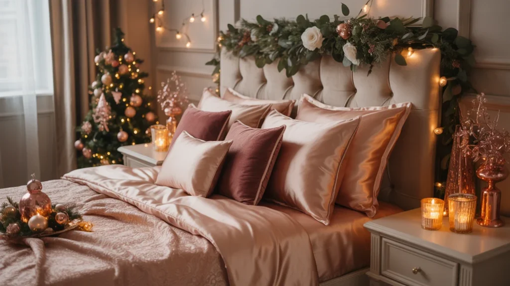 elegant rose gold Christmas bedroom decor with soft lighting, velvet bedding, and metallic accents for a warm festive retreat