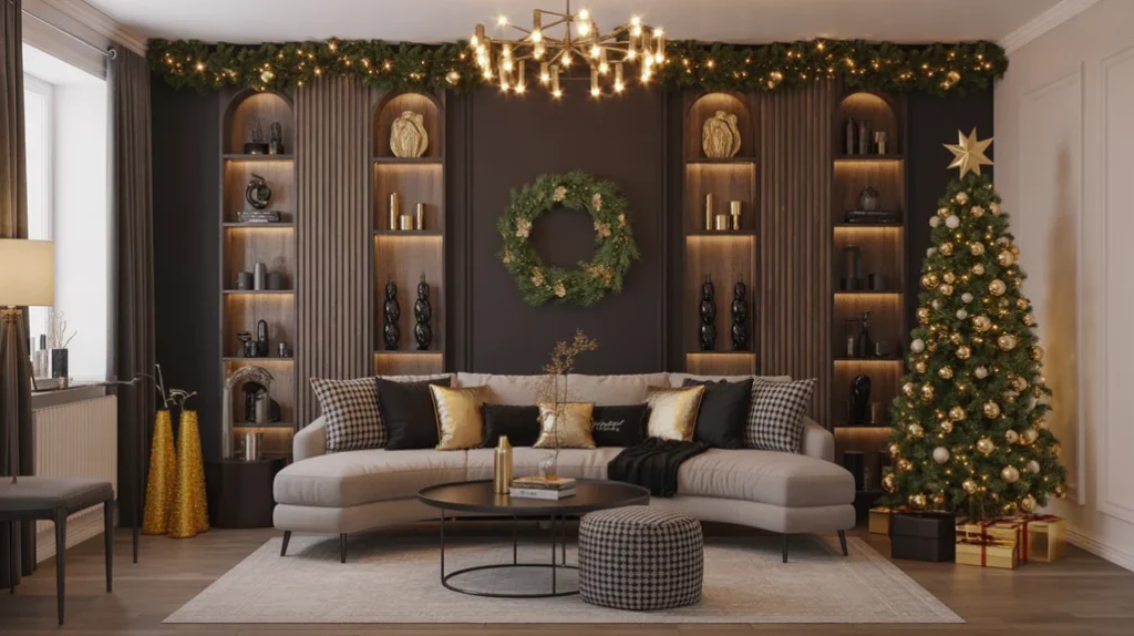 Elegant modern black and gold Christmas living room with gold lights and stylish festive decorations.