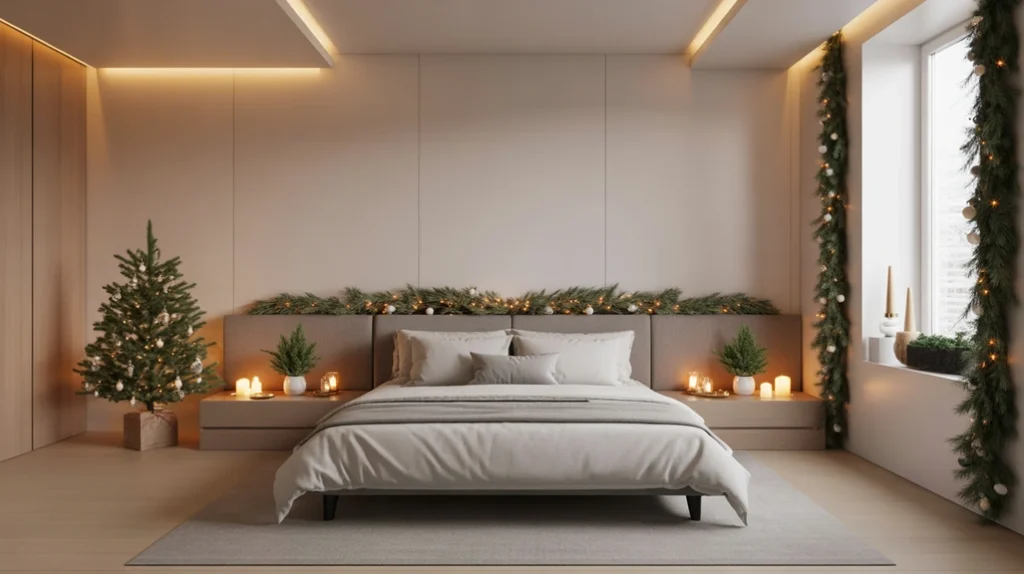 Modern bedroom decorated for Christmas with metallic accents, greenery, and cozy minimalist decor