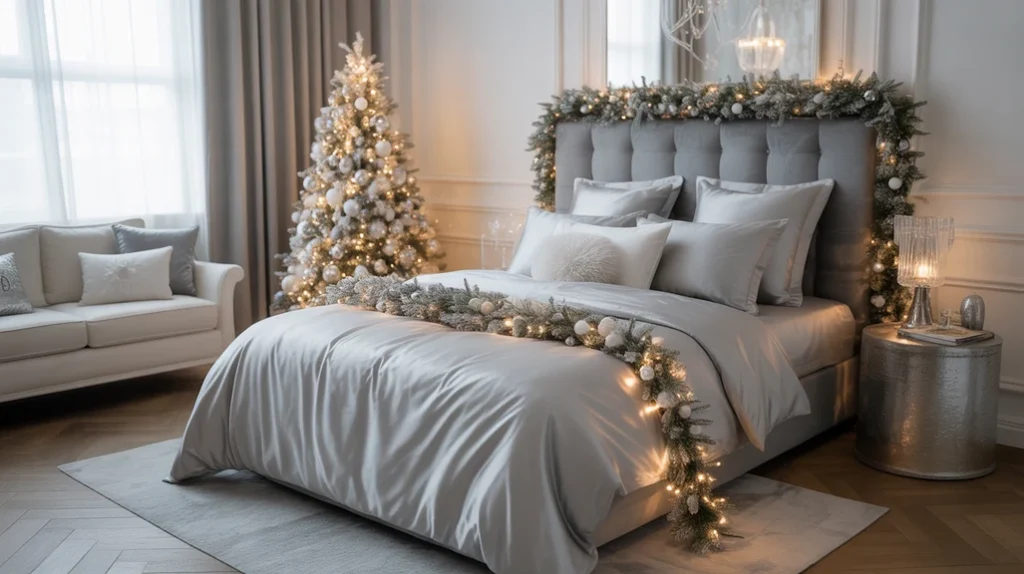 elegant silver Christmas bedroom ideas with satin bedding, crystal lights, and cozy festive design for modern holiday interiors