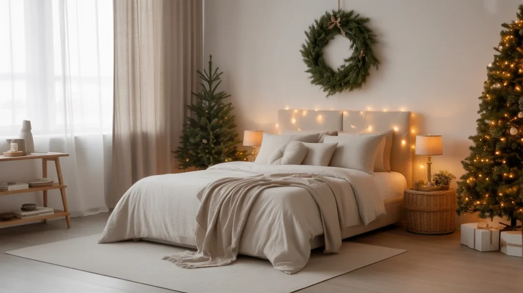 cozy neutral Christmas bedroom ideas showing beige tones, fairy lights, and calm minimal holiday retreat design
