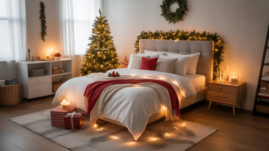 Romantic Christmas bedroom ideas for couples with cozy lights and soft festive details