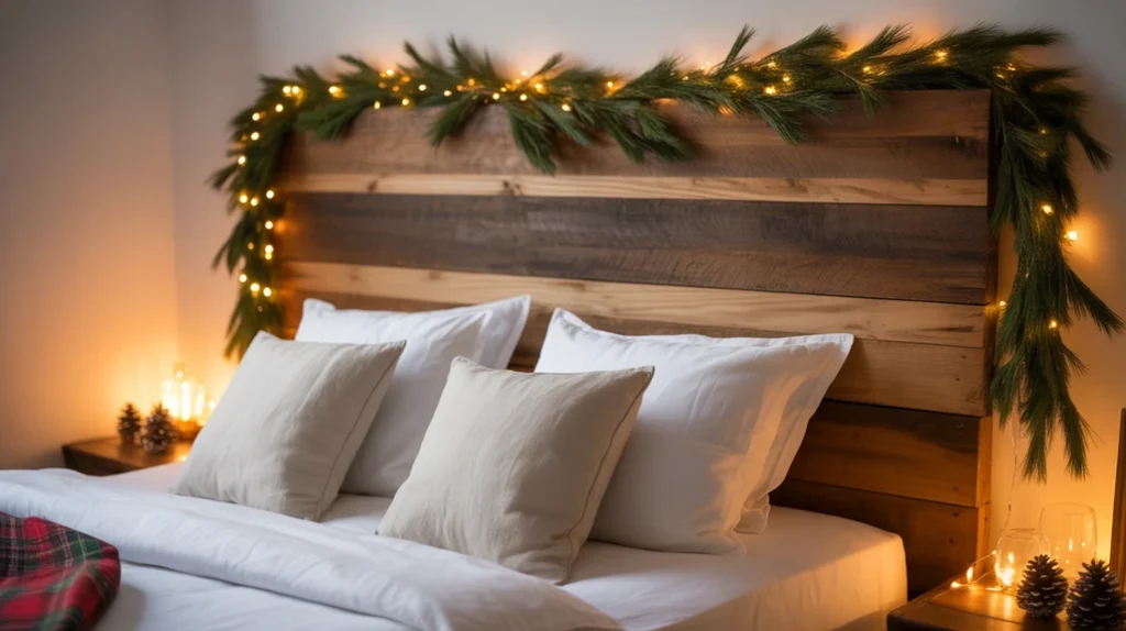 Rustic modern Christmas bedroom ideas featuring natural wood headboard, pine garland, and cozy warm lighting