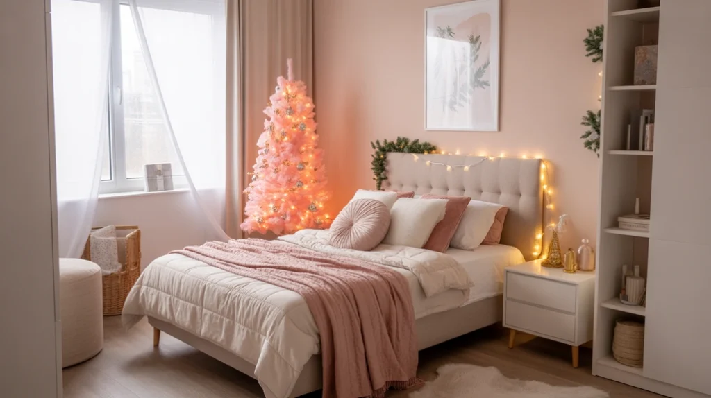 Small bedroom decorated for Christmas with mini pink tree, fairy lights, and soft neutral bedding