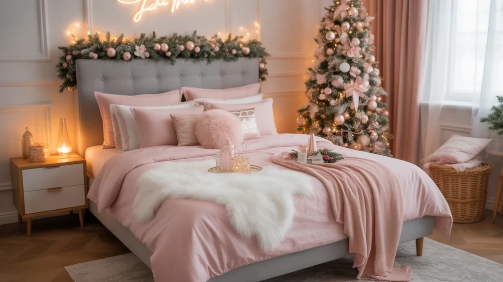 elegant pink Christmas bedroom ideas showing soft lighting, gold ornaments, and blush bedding for a romantic festive retreat