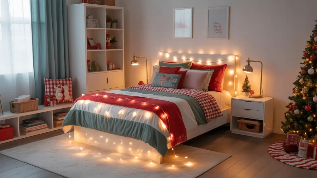 Trendy Christmas bedroom ideas for teens featuring modern style, fairy lights, and fun holiday decor