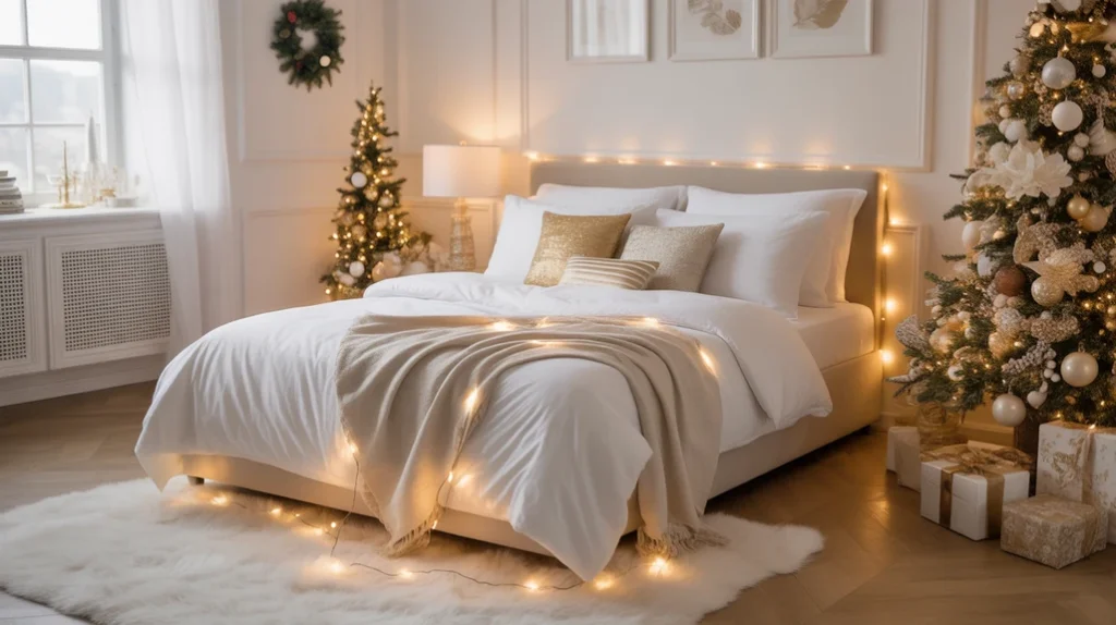 White and gold holiday bedroom decor showcasing elegant bedding, soft lighting, and warm festive details.