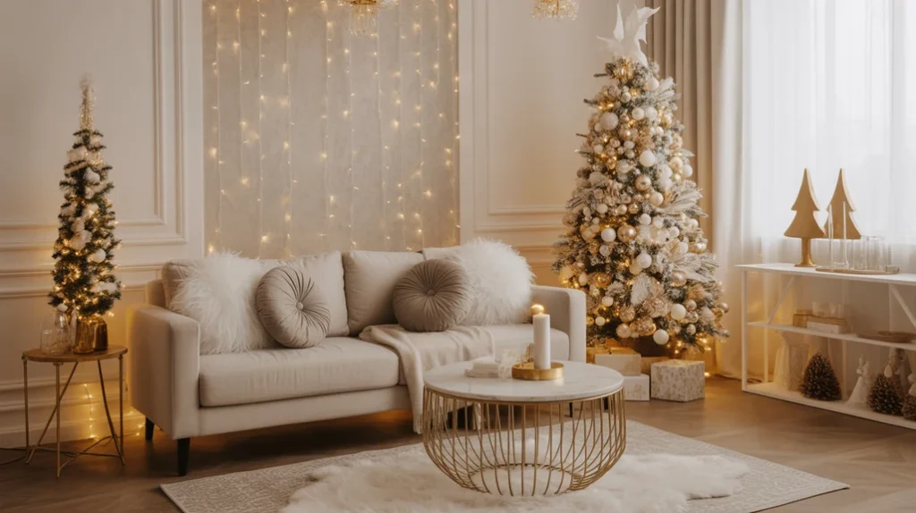 Modern white and gold Christmas living room with warm lighting, golden ornaments, and festive winter décor