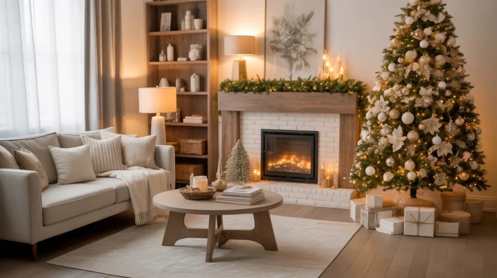 Cozy and warm Christmas living room aesthetic featuring golden lights and rustic holiday charm