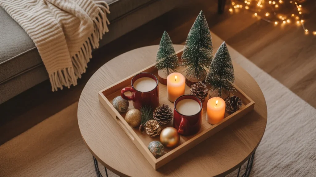 “holiday coffee table styling with tray, mini trees, and Christmas candles in cozy home setting”
