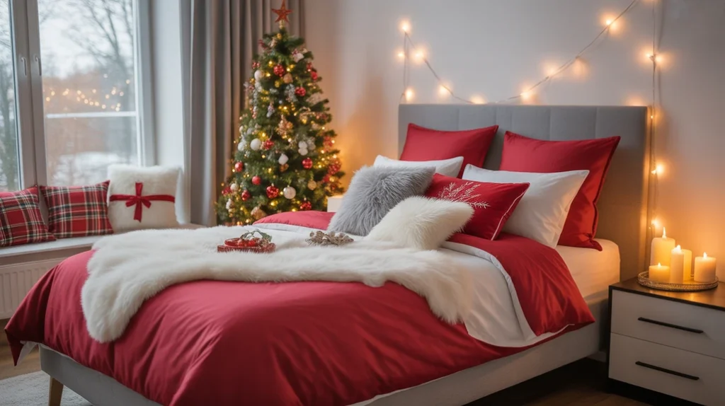 warm and cozy christmas bedroom with red and white bedding, small christmas tree, fairy lights, and winter holiday decor ideas