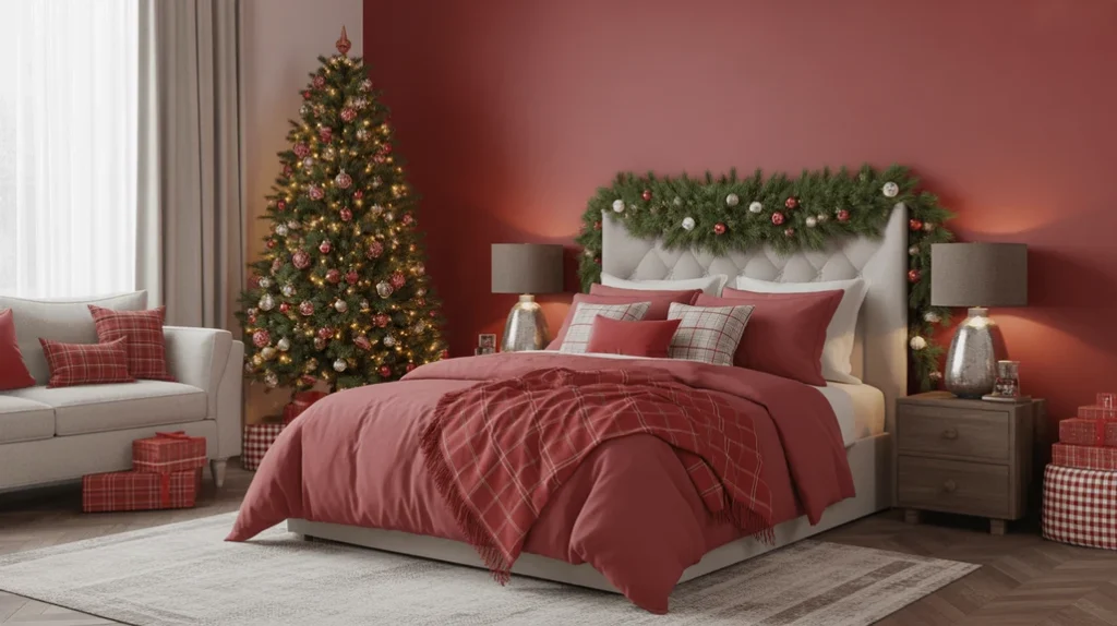 cozy red christmas bedroom with festive bedding, small christmas tree, and warm lighting creating holiday comfort