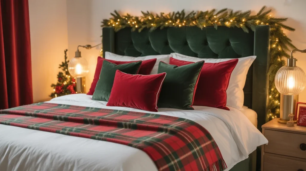 Red and green Christmas bedroom setup with plaid blanket, pine garland, and velvet pillows