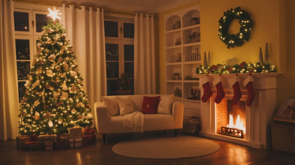 magical Christmas living room ideas for a dreamy night aesthetic with warm lights and Christmas tree inspiration