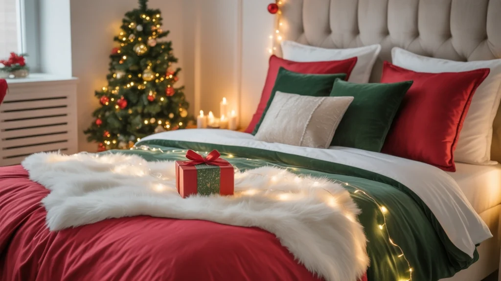 Modern Christmas bedroom color schemes featuring warm lighting and greenery